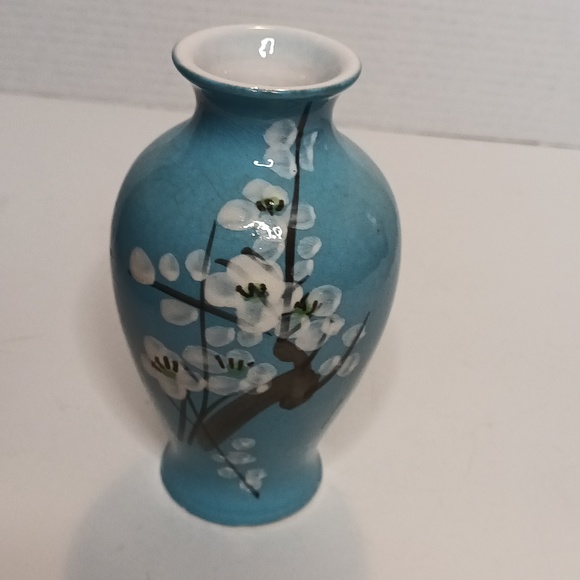 Vintage Hand Painted Cherry Blossom Branch Vase 6" Blue Ceramic Bohemian - Picture 10 of 10